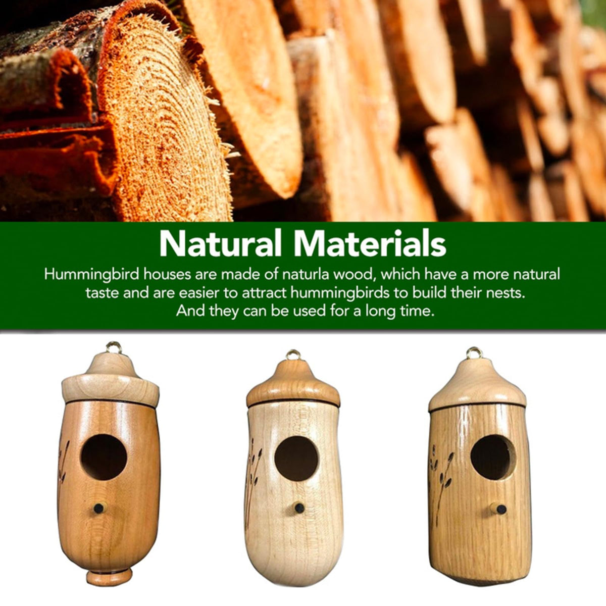 Wodpesur hummingbird house with hanging ring for easy garden installation.