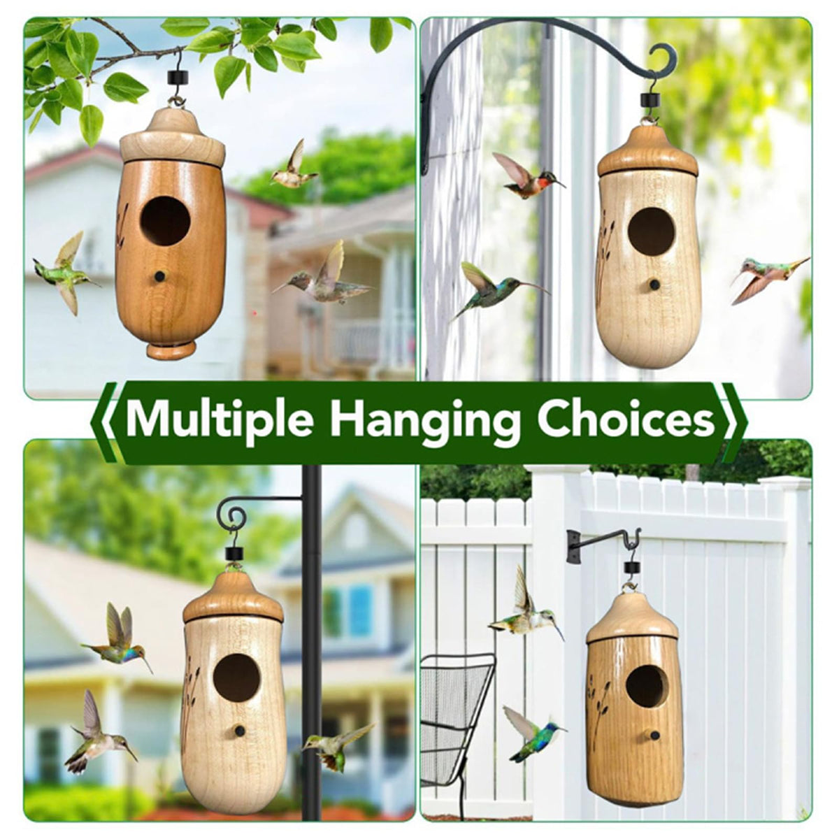 Wodpesur indoor display of natural wooden hummingbird house as decorative accent.
