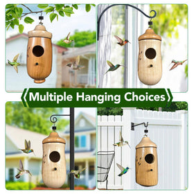 Wodpesur indoor display of natural wooden hummingbird house as decorative accent.