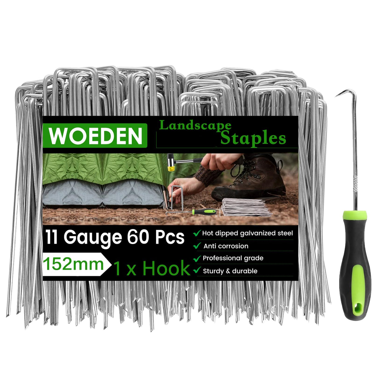 WOEden 60-pack 6-inch landscape staples with hook for secure ground anchoring