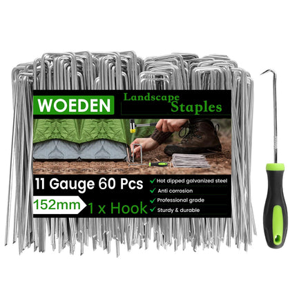 WOEden 60-pack 6-inch landscape staples with hook for secure ground anchoring