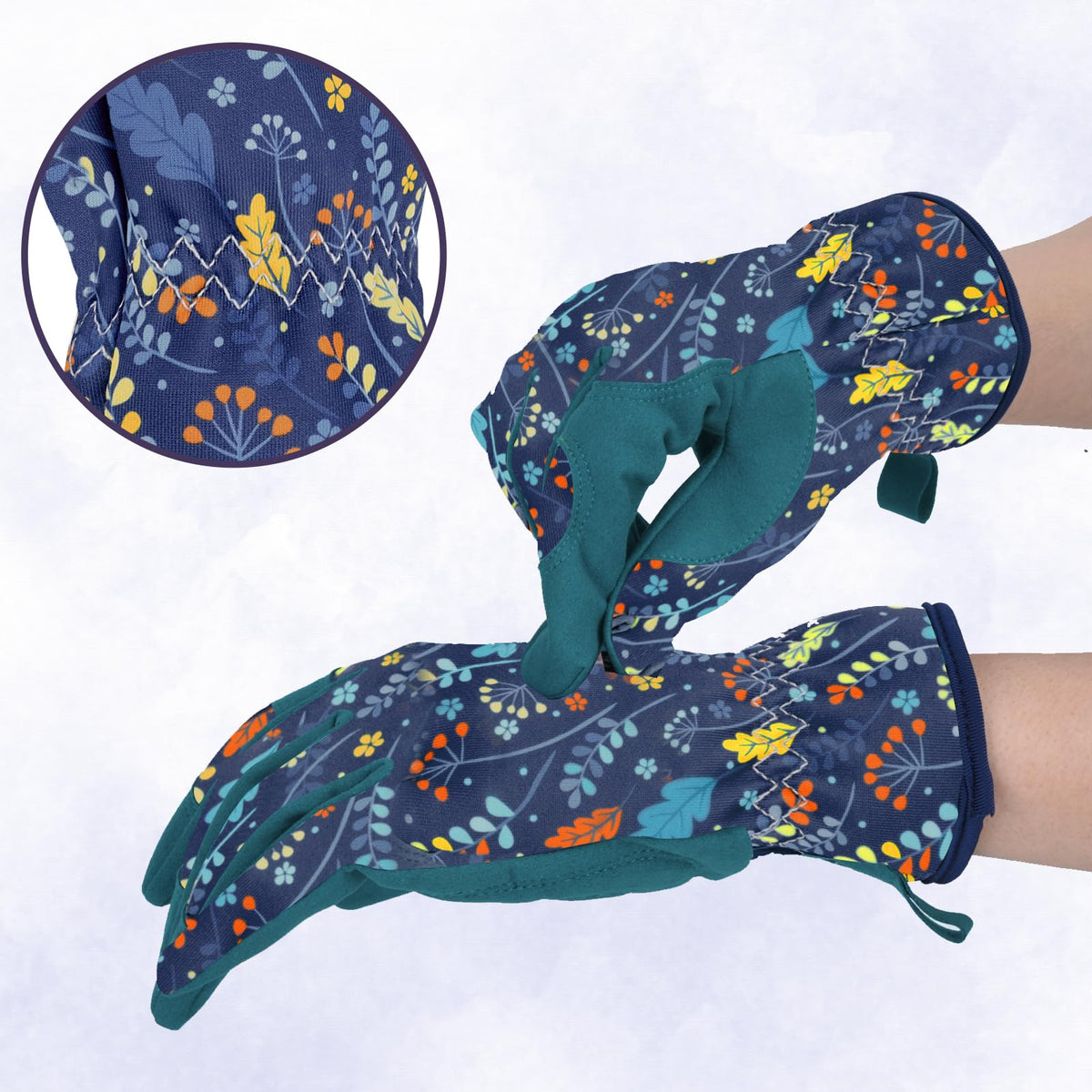Back of WOHEER gloves leaf blue reveals breathable stretch fabric keeping hands cool