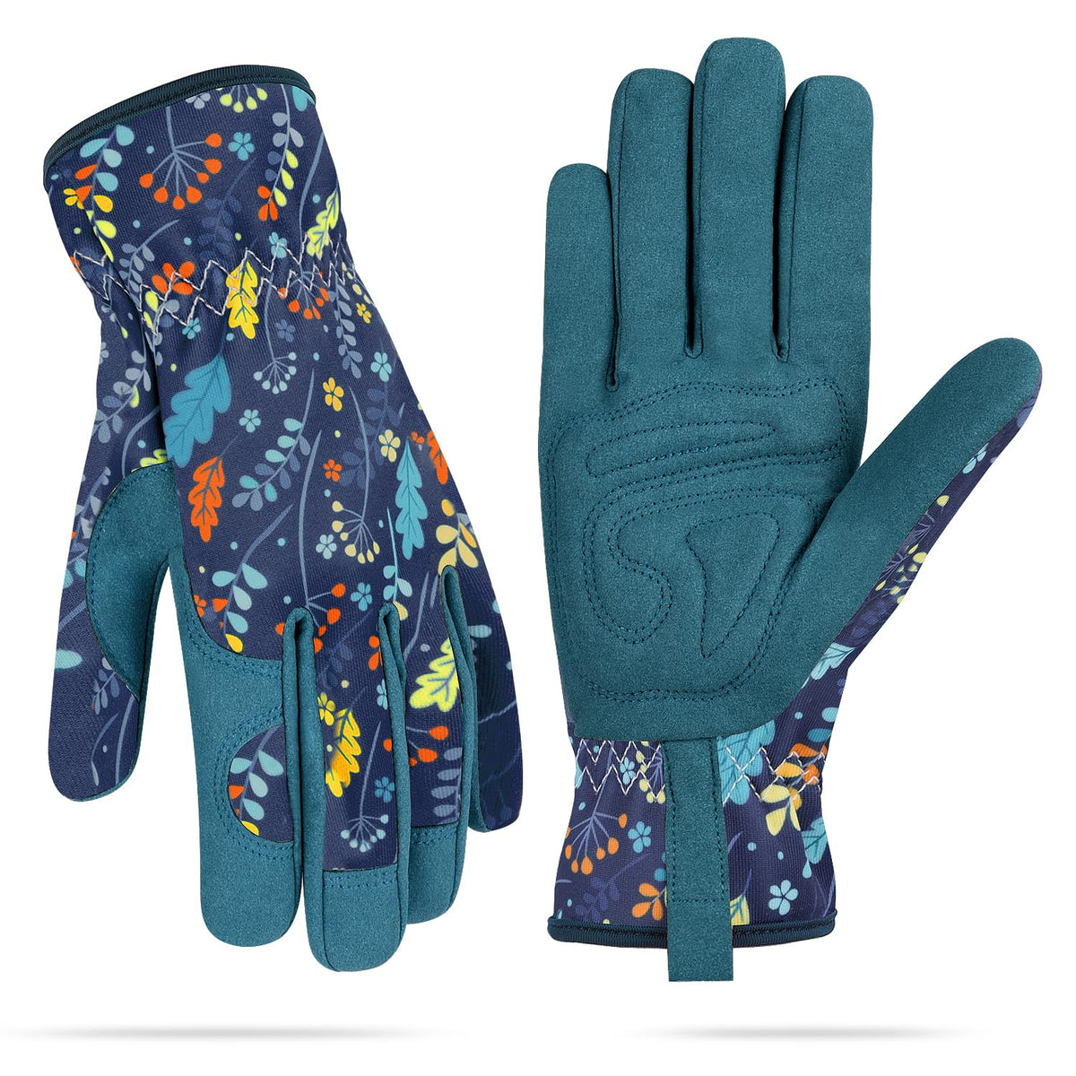 WOHEER leather gardening gloves leaf blue on hand for a firm grip while digging