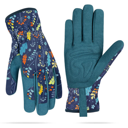 WOHEER leather gardening gloves leaf blue on hand for a firm grip while digging