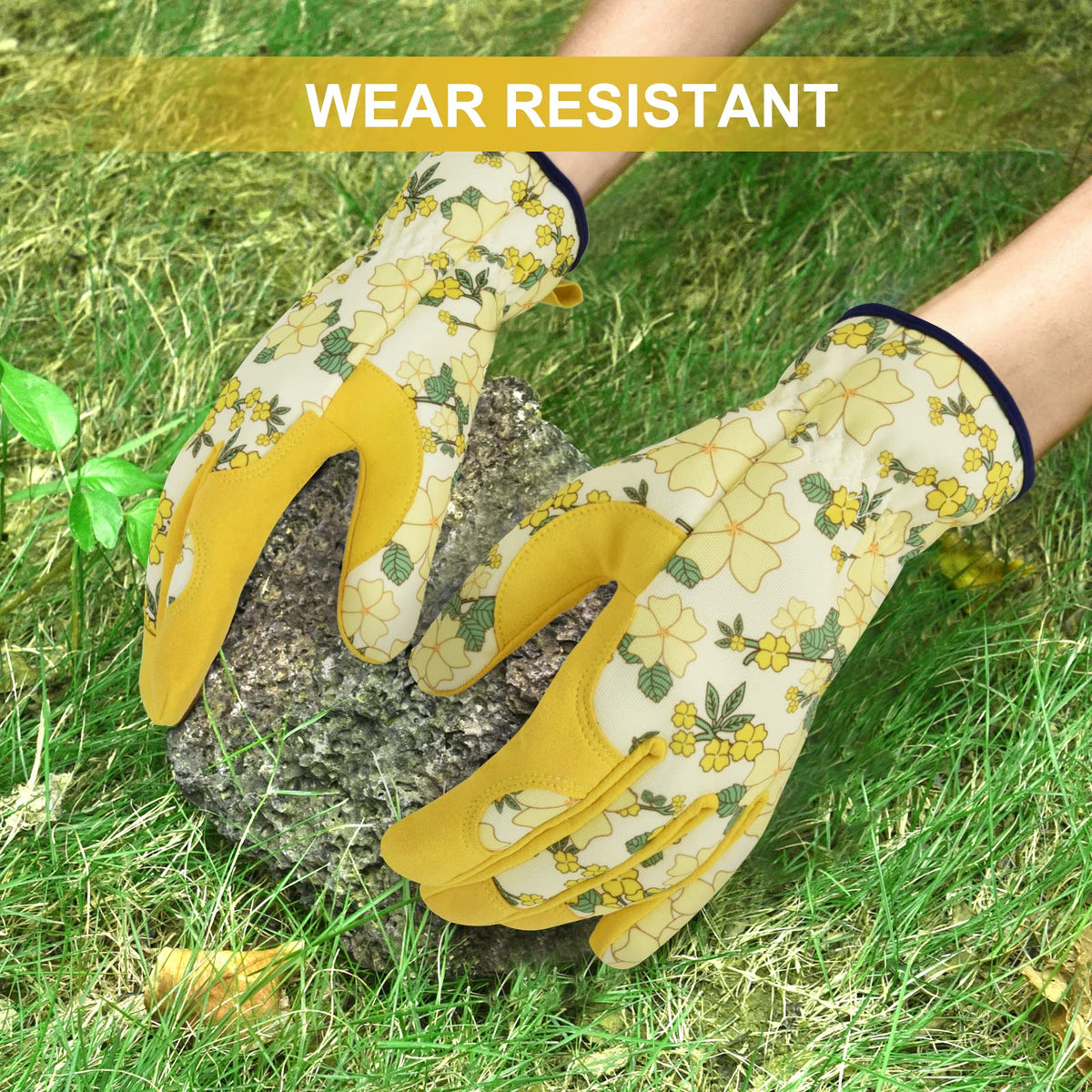 WOHEER thorn-proof gloves shown with close-up grip for pruning