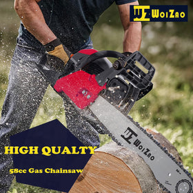 WOIZAO chainsaw with 20-inch bar cutting heavy wood in action.