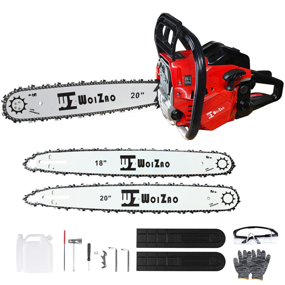 WOIZAO 58cc gas chainsaw with 18/20 inch bars for efficient wood cutting.