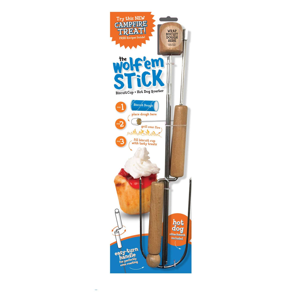 Wolf'em marshmallow roasting stick with attachments enables campfire pies and s'mores
