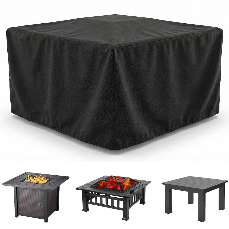 WOMACO heavy-duty square cover over a fire pit protecting from rain
