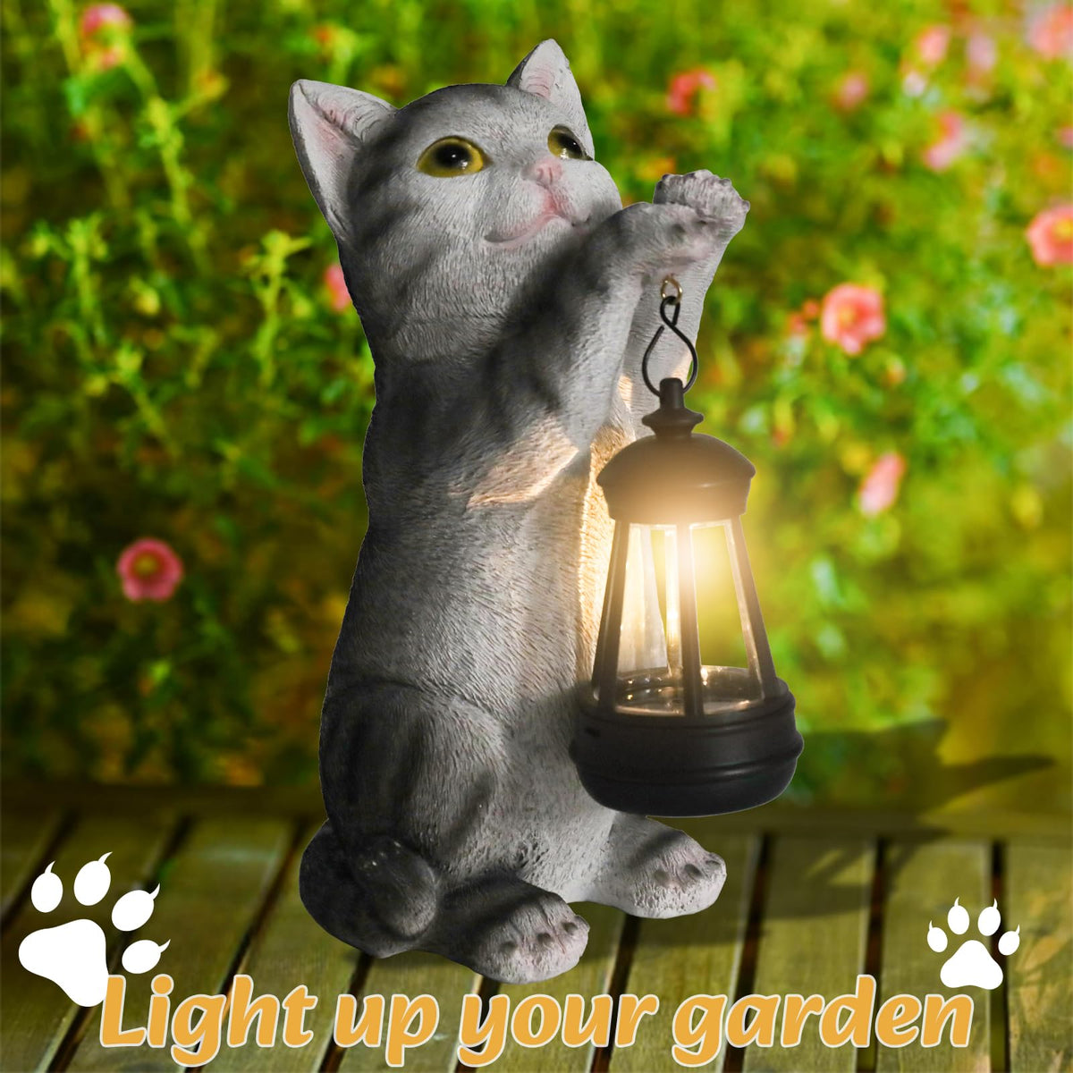 Wonder Garden porch cat light statue sits gracefully on porches and balconies.