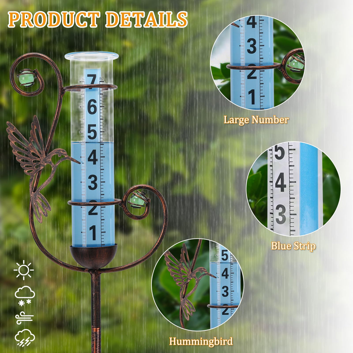 Wonder Garden rain gauge features a green decorative bead for garden aesthetics.
