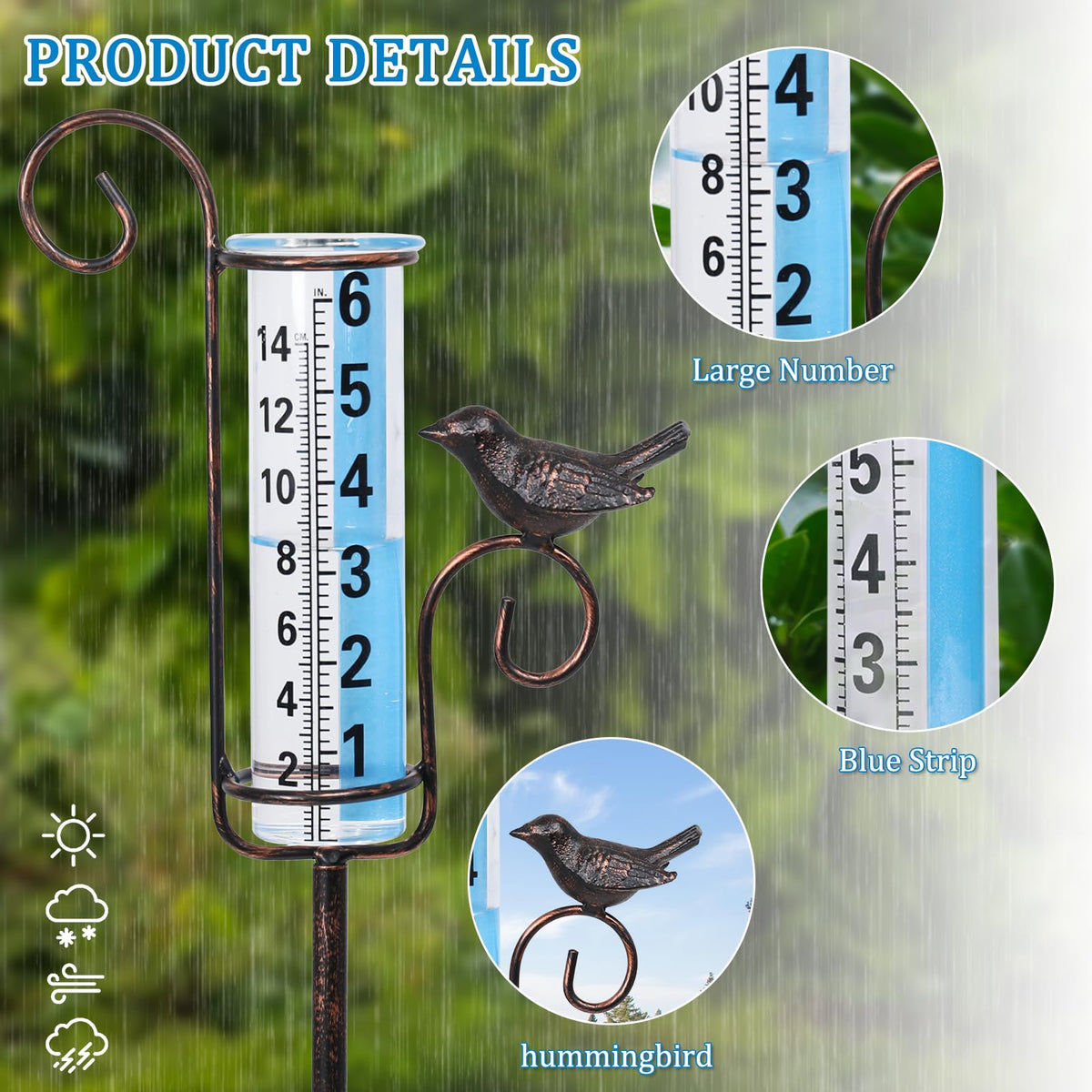 WONDER GARDEN hummingbird design rain gauge adds garden charm