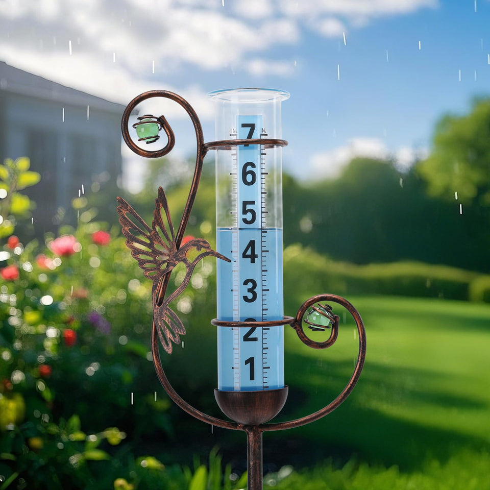 Wonder Garden rain gauge outdoor hummingbird design adds charm while tracking rainfall.