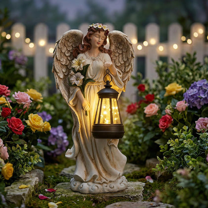 Wonder Garden solar angel outdoor statue with lantern, ideal for sunlit patios.