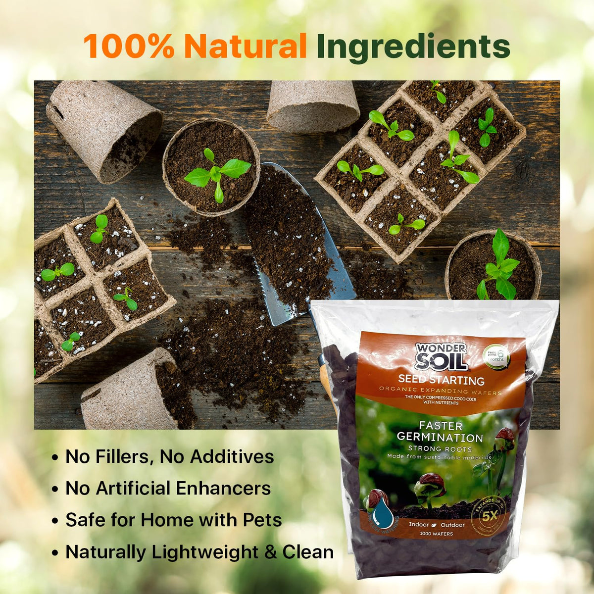 Wonder Soil seed pellets ready-to-plant scene hints a nutrient-rich start for sprouts.