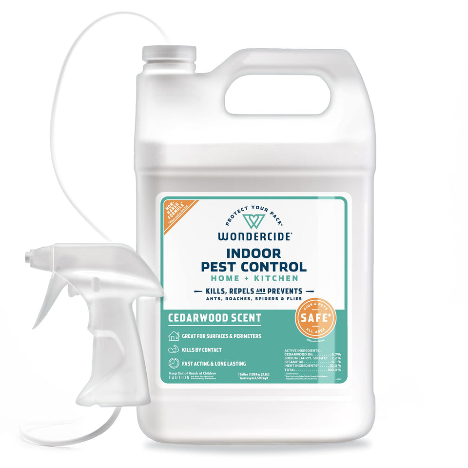 Wondercide Cedarwood indoor pest control spray bottle showing plant-powered protection.