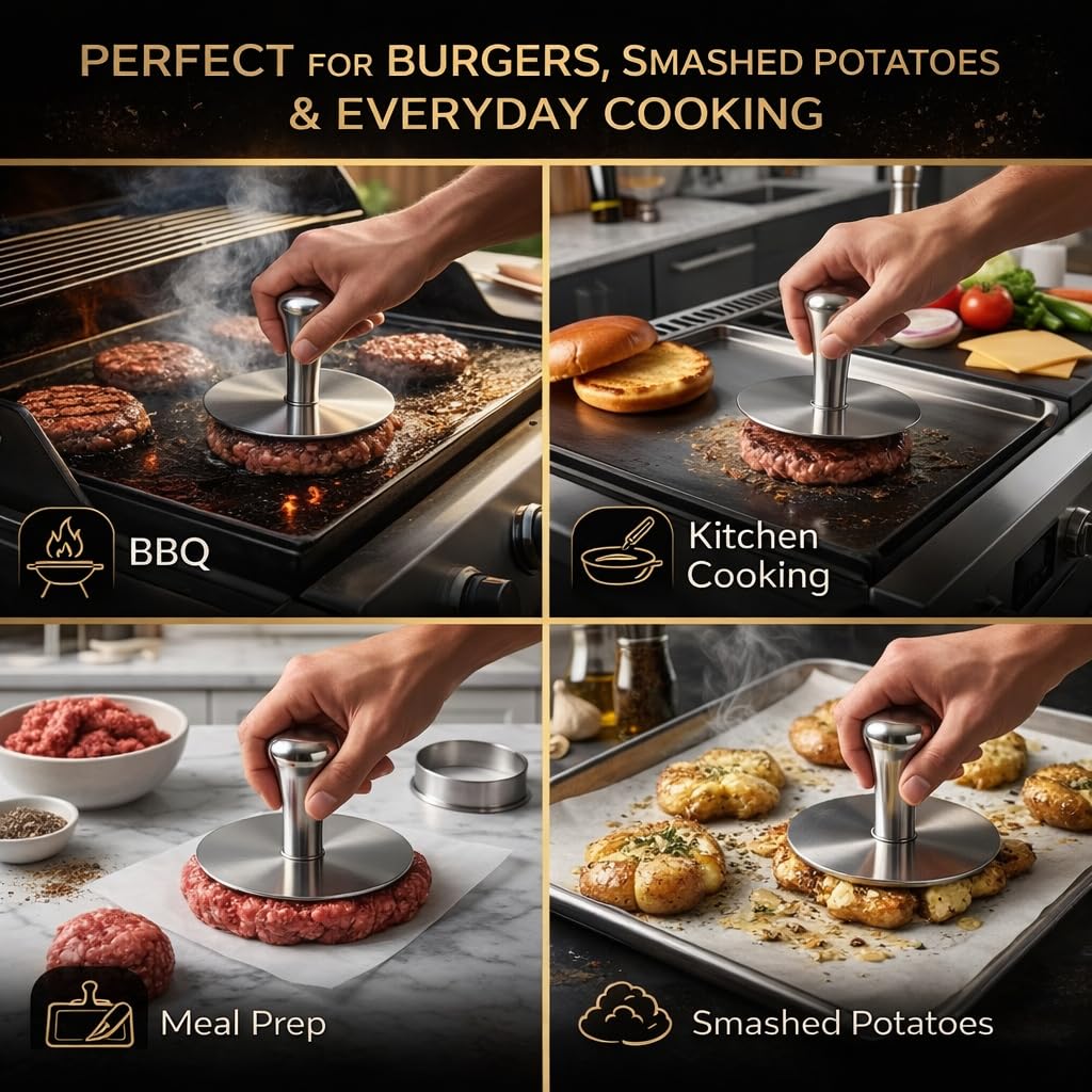 Wonderful Cuisine burger press on grill demonstrates ideal patty formation