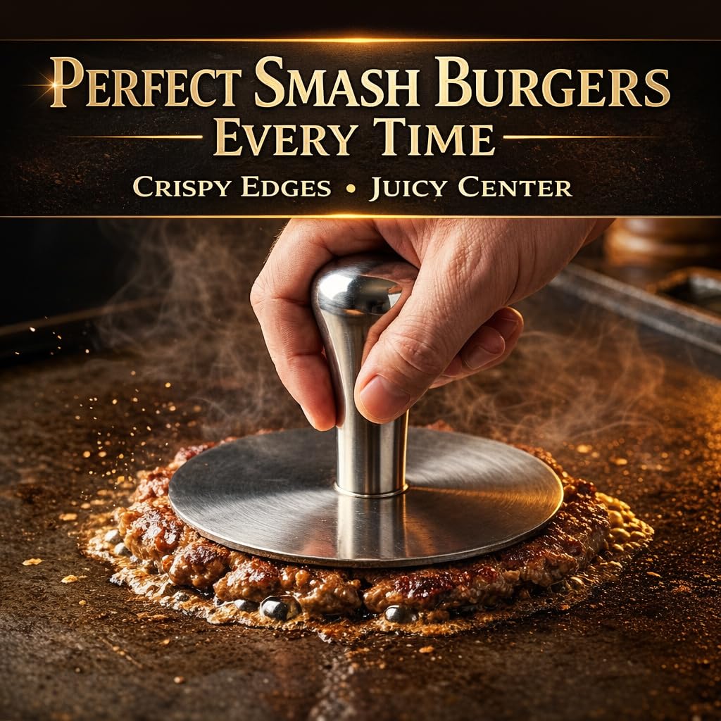 Wonderful Cuisine stainless steel burger press with ergonomic handle for comfortable grilling