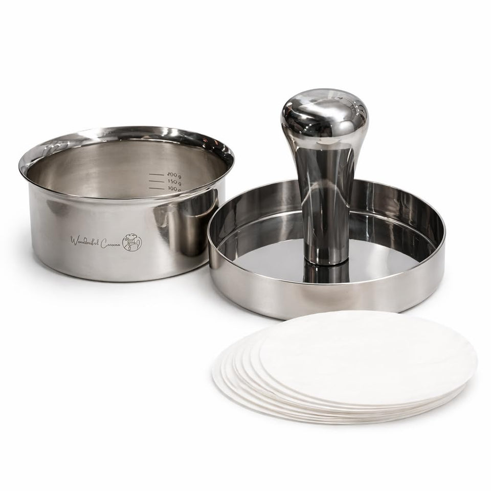 Wonderful Cuisine burger press in stainless steel for even patties and professional results