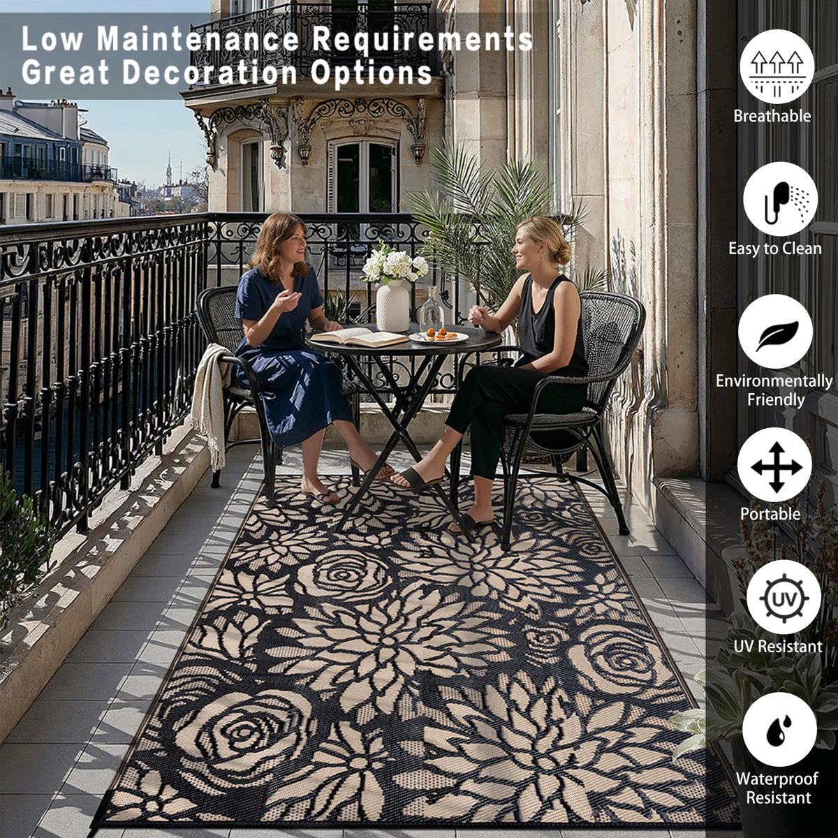 WondRg waterproof rug resists sun and rain to keep colors vibrant.