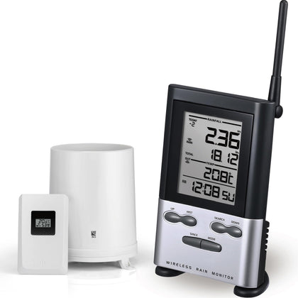 WondMall wireless rain gauge outdoor display shows real-time rainfall and temperature