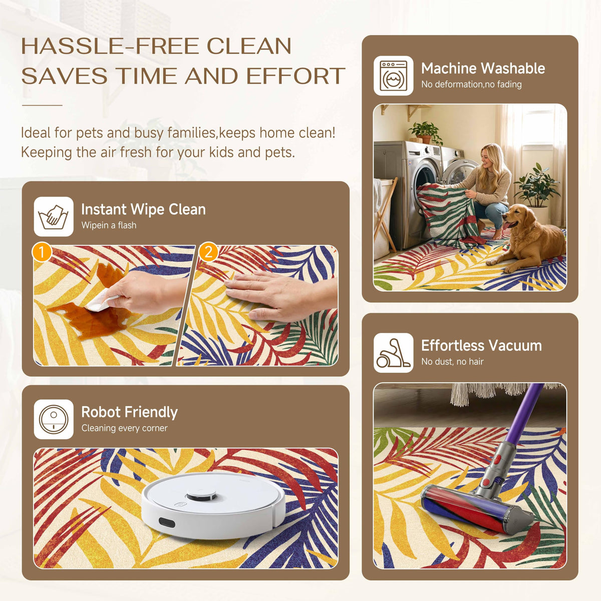 WondRg easy-care rug can be shaken, vacuumed, or rinsed.