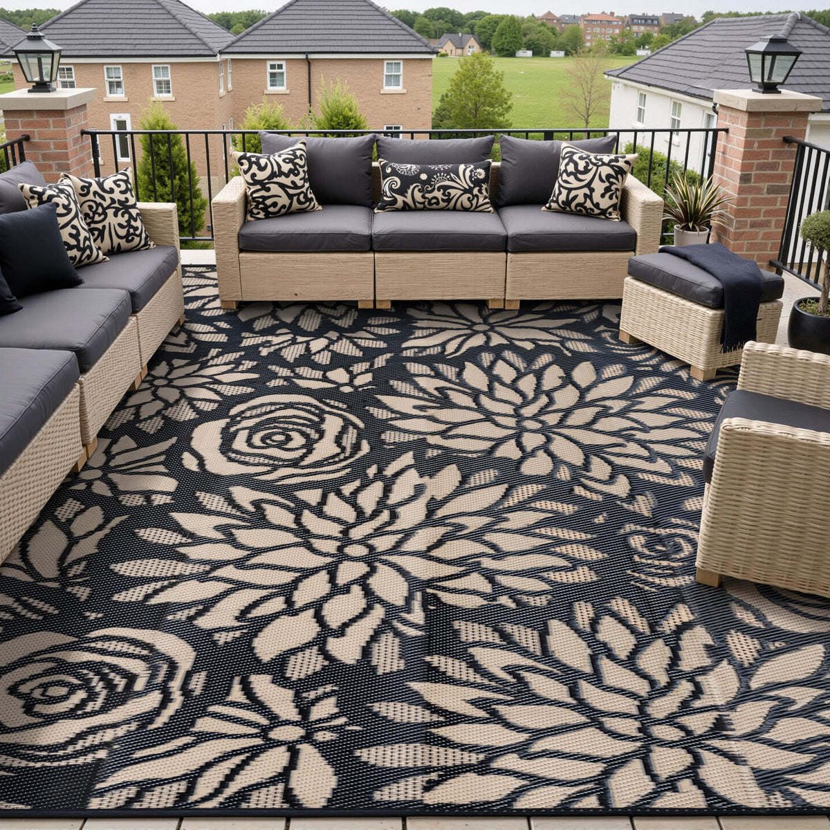 WondRg outdoor rug 8x10 with black-brown floral pattern for weather-ready patio décor.