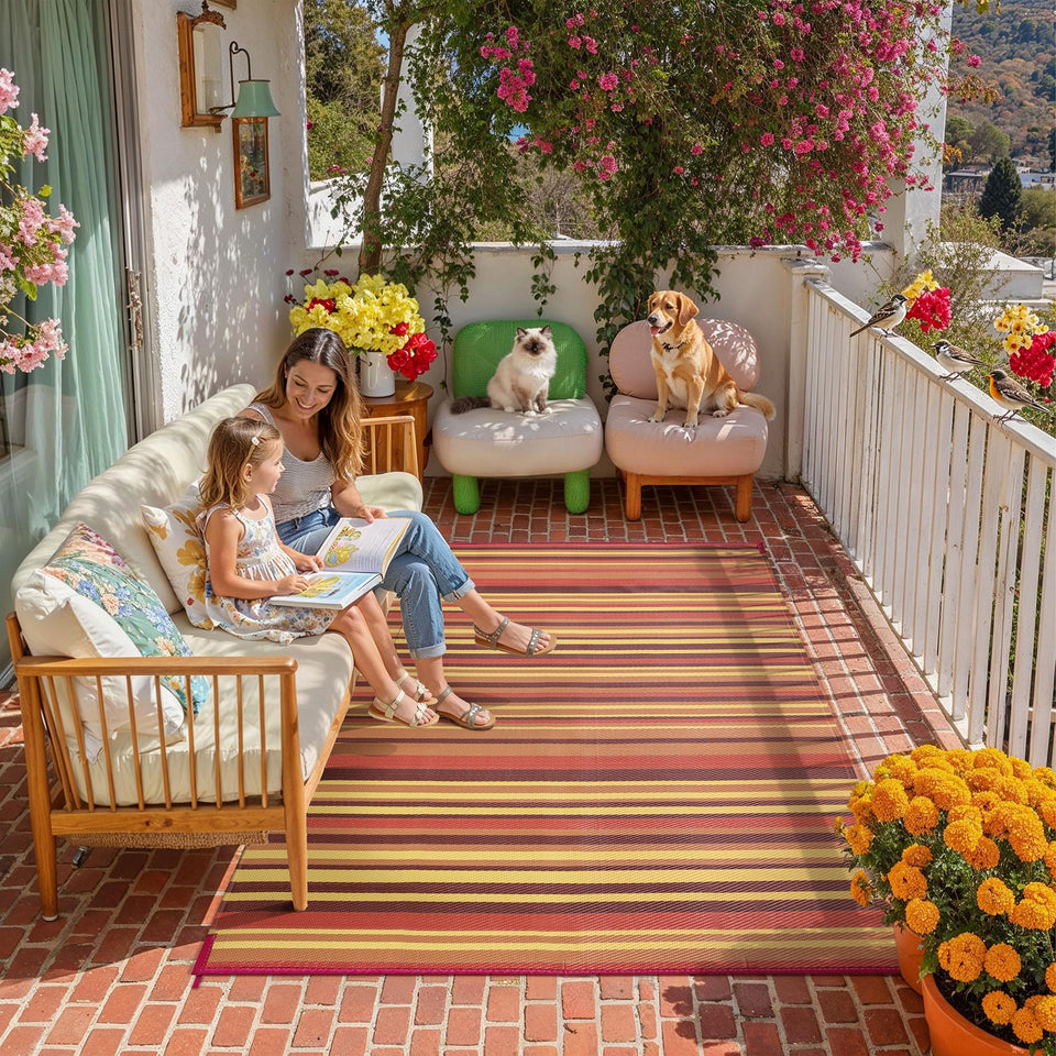 WondRg outdoor plastic straw rug with red-orange stripe adds durable porch comfort.