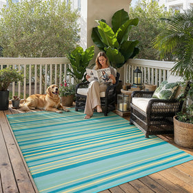 WondRg outdoor plastic straw rug in teal-yellow stripe for durable patio use