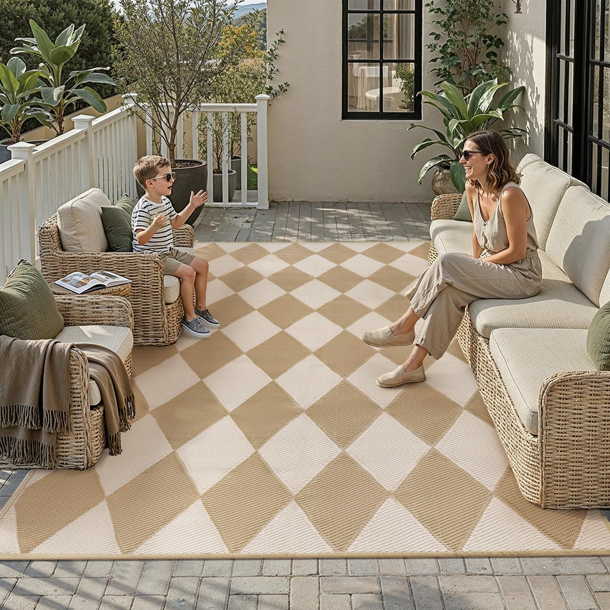 WondRg outdoor rug with beige and brown diamond geometry for porch and patio