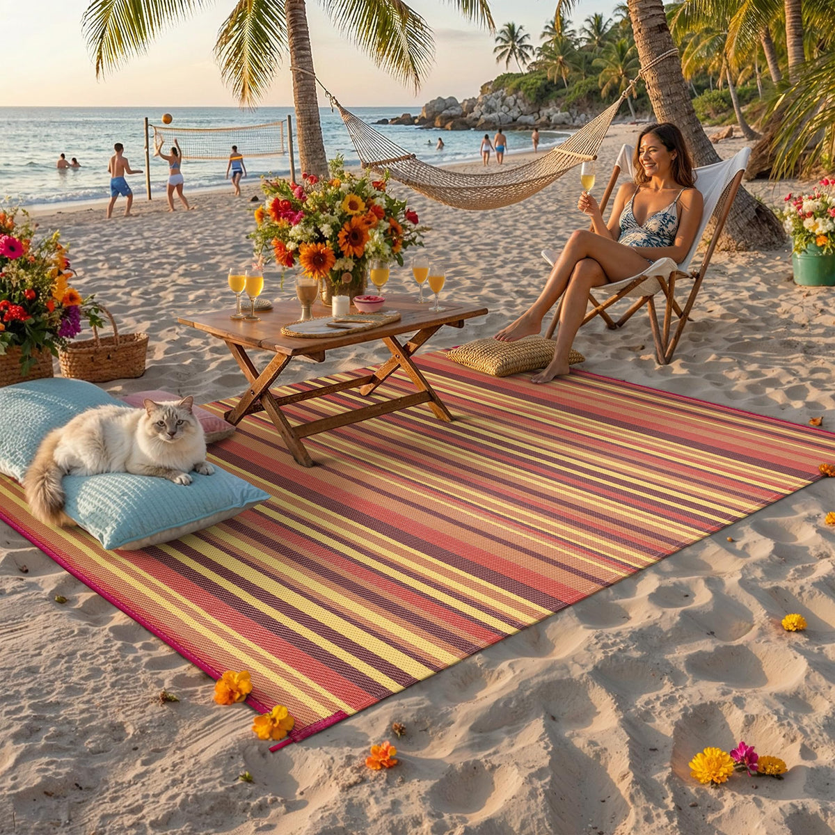 WondRg patio mat in waterproof stripe design enhances deck durability.