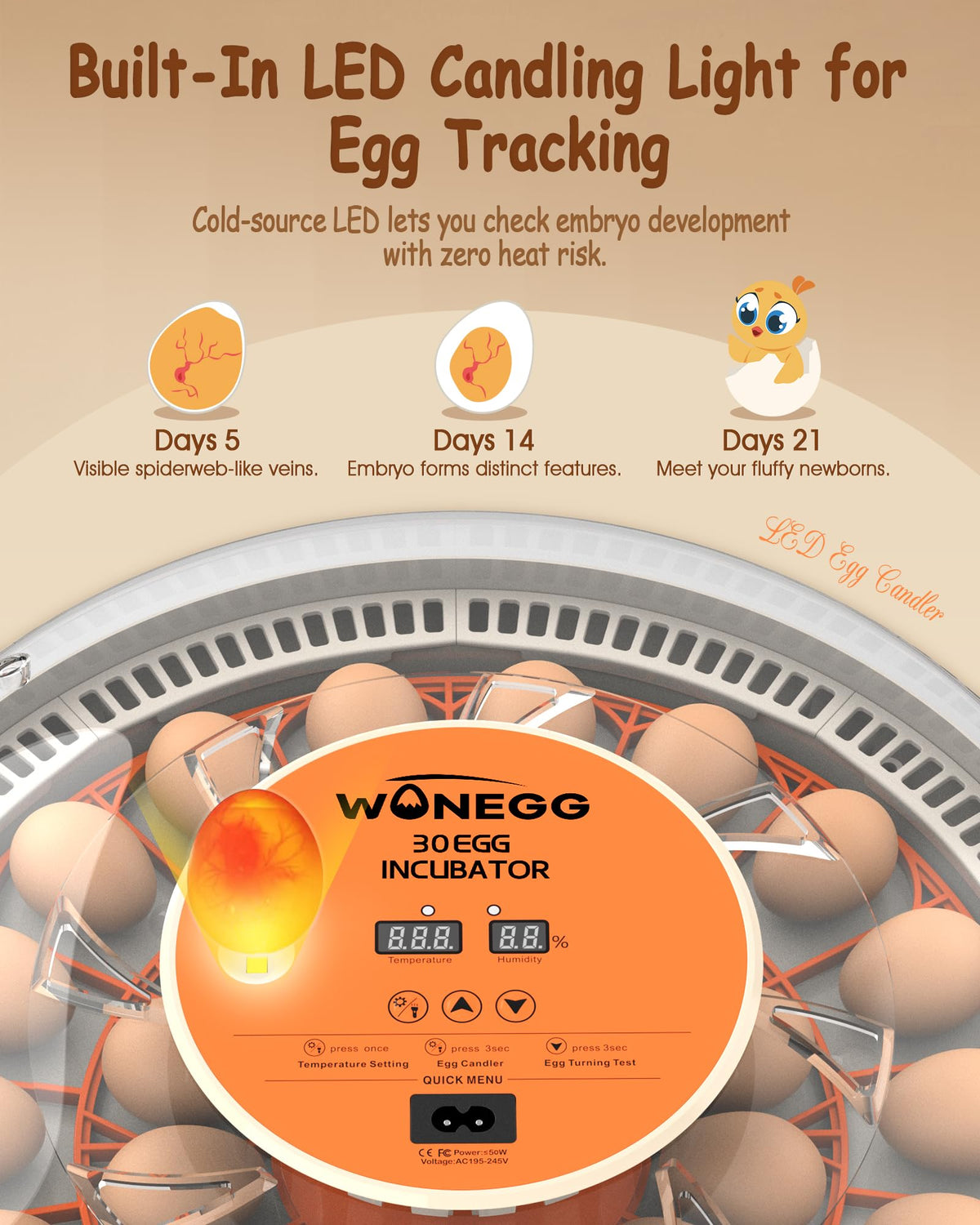 WONEGG incubator LED-candler allows non-invasive progress checks with visible veins