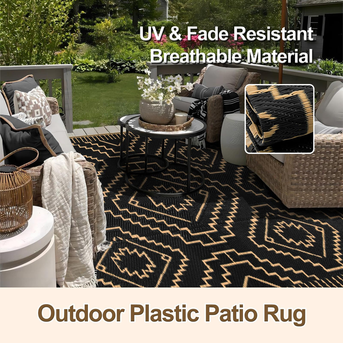 Wonnitar rug features UV-resistant weave to help colors stay vibrant outdoors.