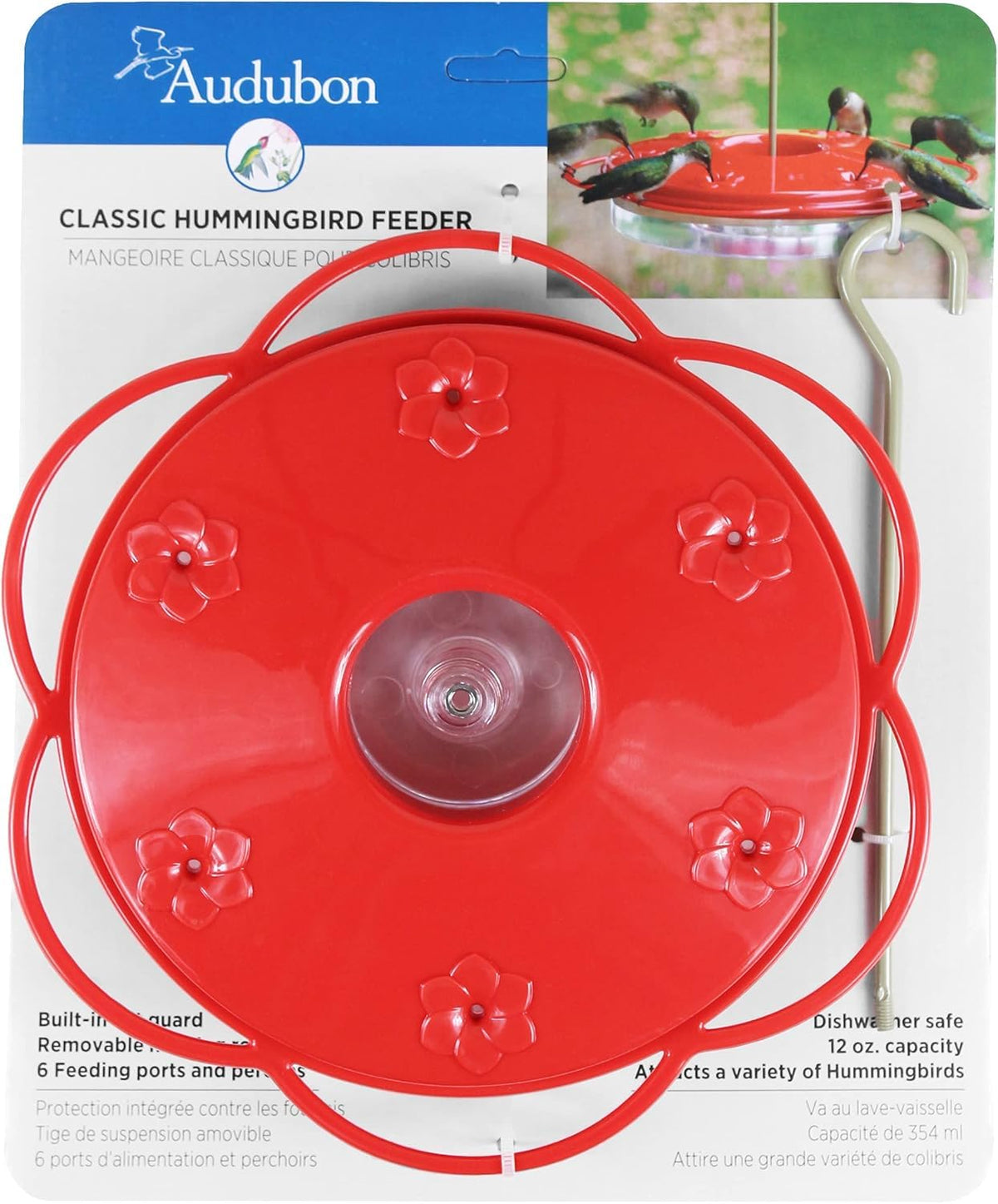 Woodlink Audubon hummingbird feeder with built-in ant guard protecting nectar.