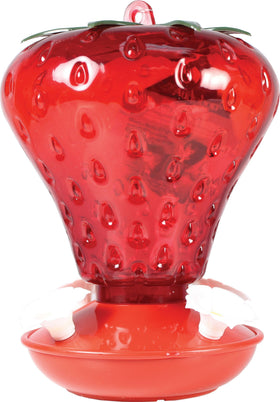 Woodlink Audubon 40oz strawberry hummingbird feeder, ready for outdoor display and easy filling