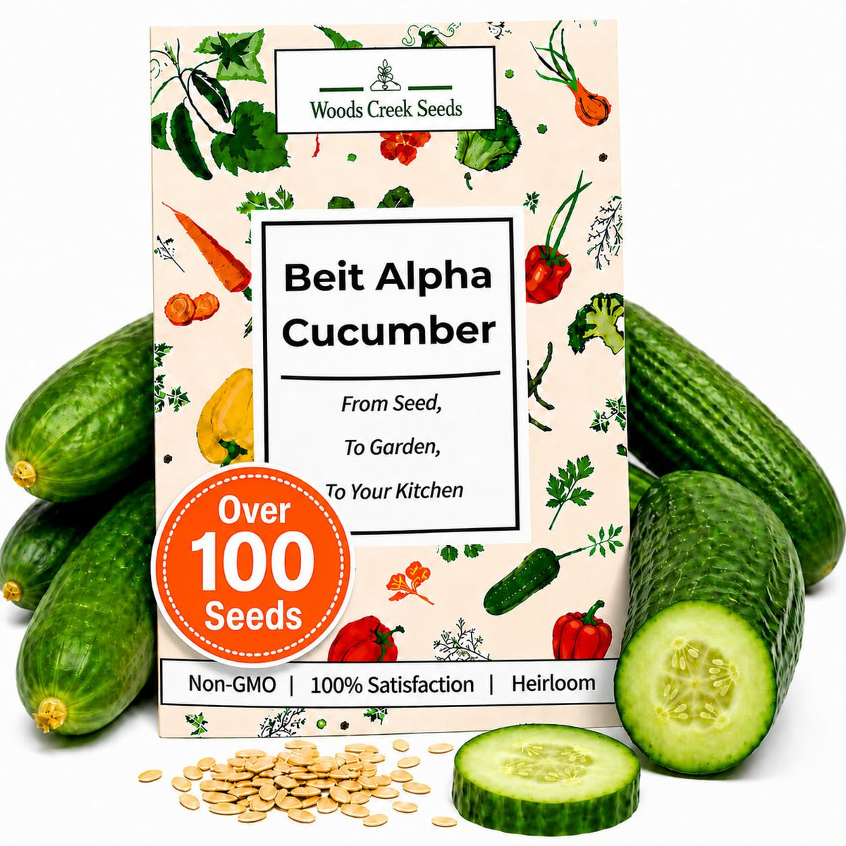 Woods Creek Seeds Beit Alpha cucumber seed packet for home planting