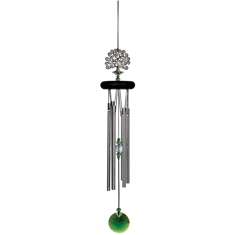 Woodstock Chimes Crystal Tree of Life chime in outdoor space with sparkling crystals