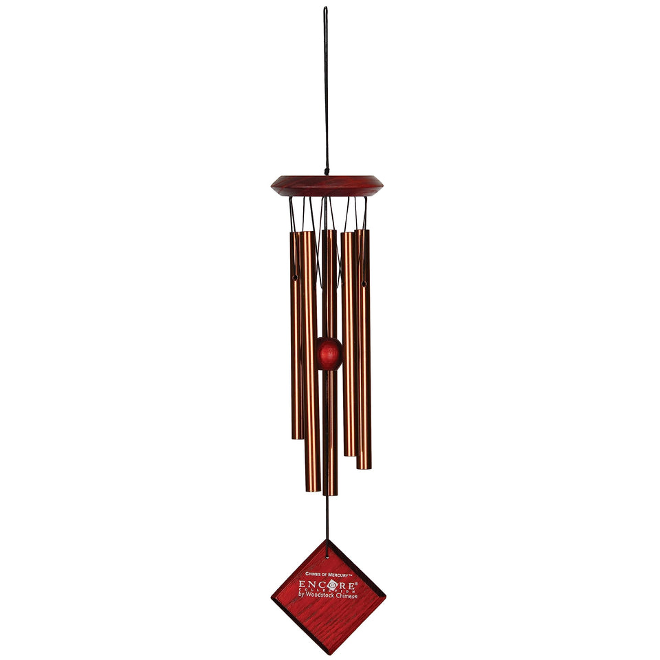 Woodstock Encore Mercury 14 inch wind chime front view shows bubinga wood for outdoor ambience
