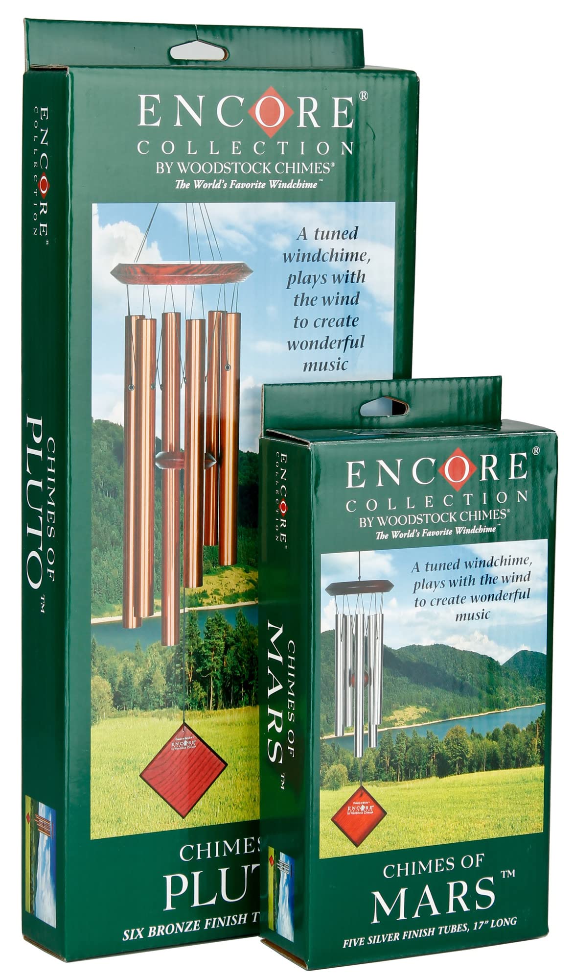 Woodstock Encore Mercury wind chimes on patio create gentle pentatonic melodies in a breeze