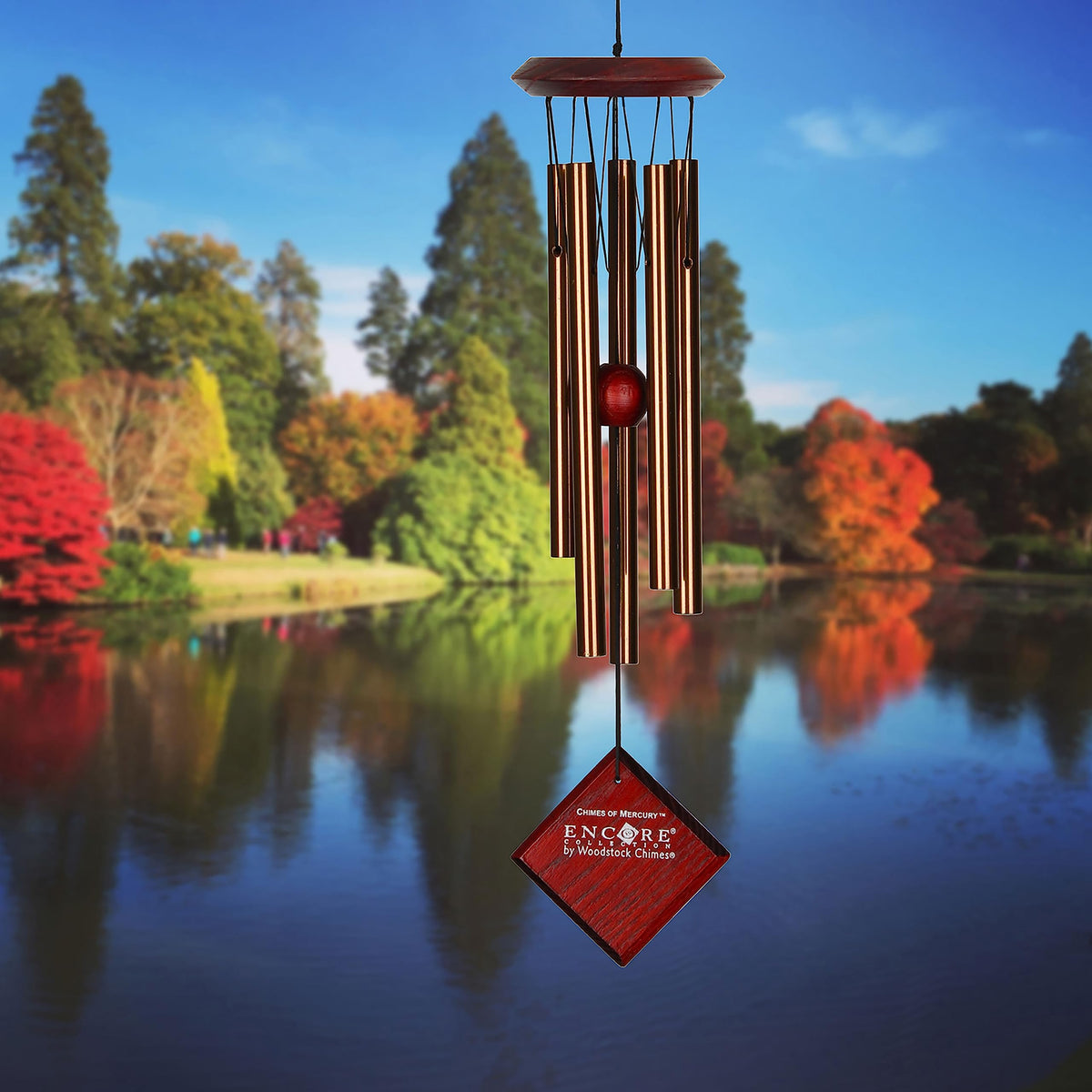 Woodstock Encore Mercury wind catcher close-up highlights bronze tubes for vivid outdoor sound