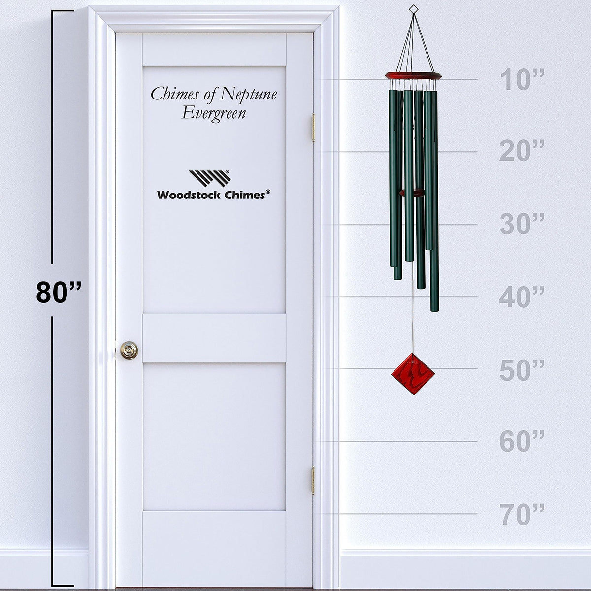 Woodstock Chimes Neptune green aluminum tubes close-up highlighting vibrant outdoor sound.