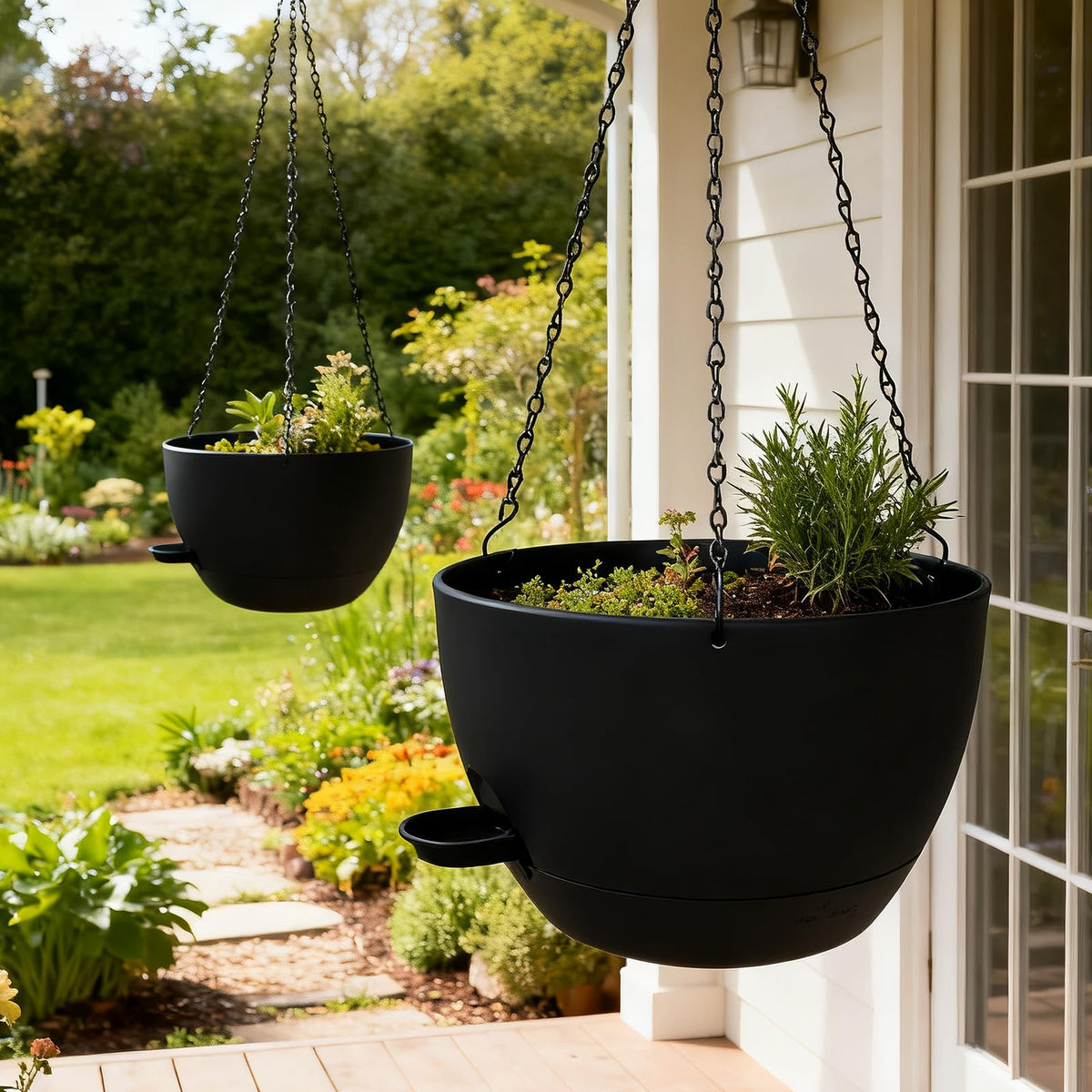 WOUSIWER self-watering hanging planter inside view demonstrates compact setup for apartment greenery.