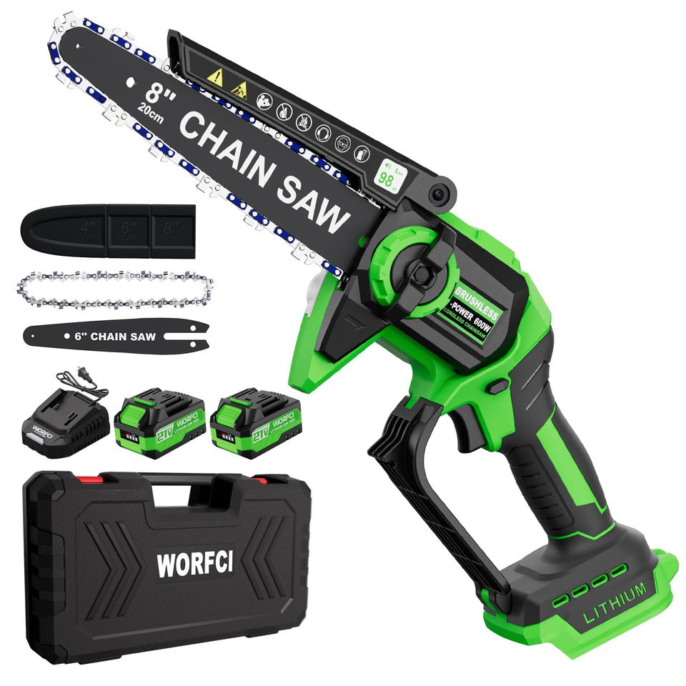WORFCI mini chainsaw with a 6-inch bar for precise pruning in the garden.