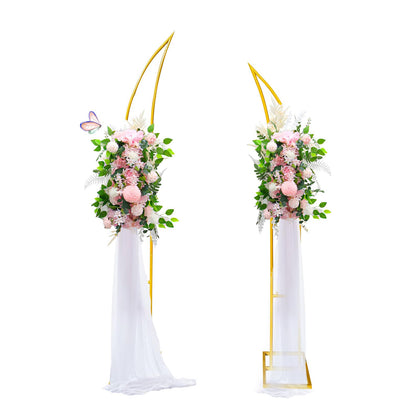 WORFEI curved wedding arch backdrop with two arcs for a dramatic ceremony setting.