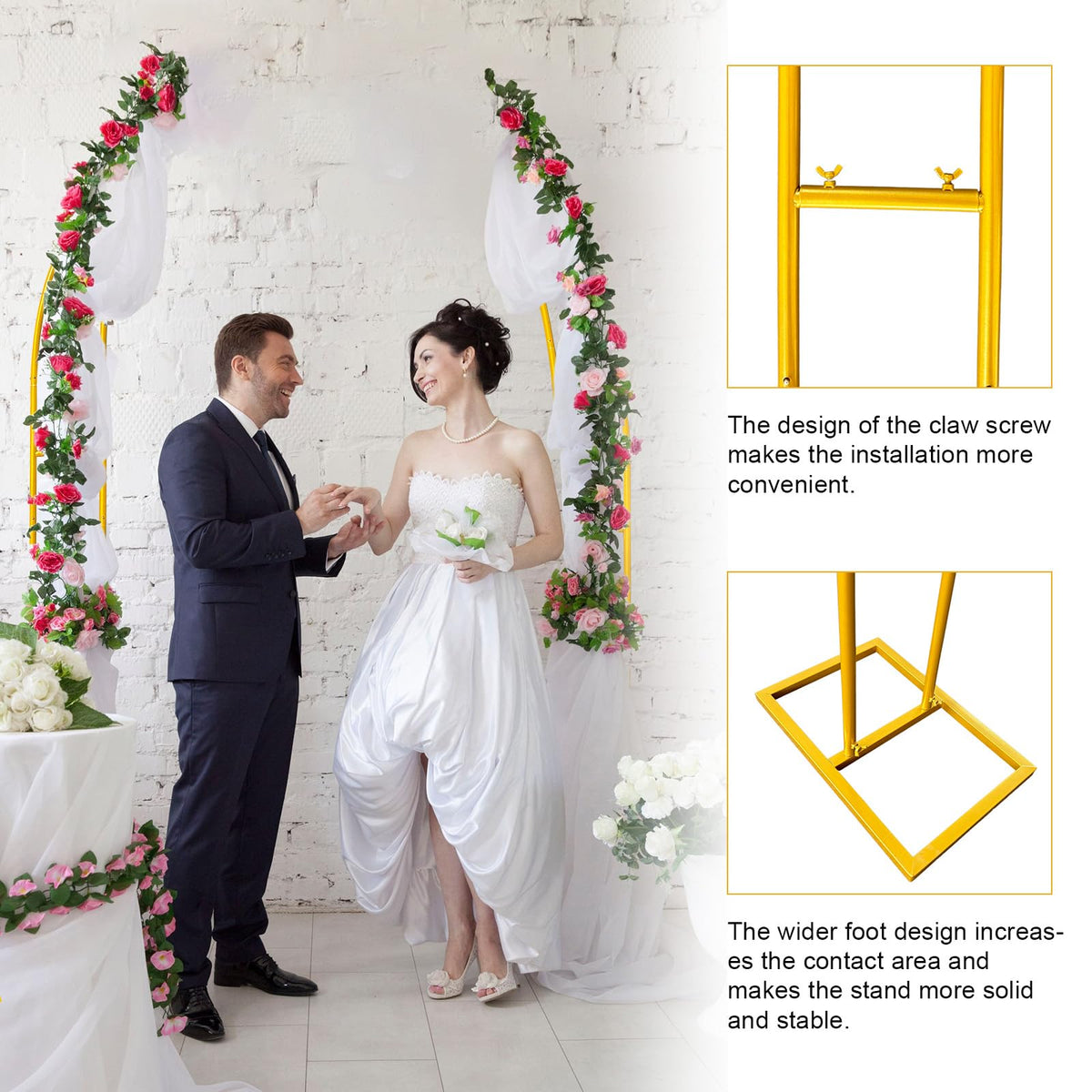 WORFEI gold half-moon arch adds a luxe touch to ceremonies.