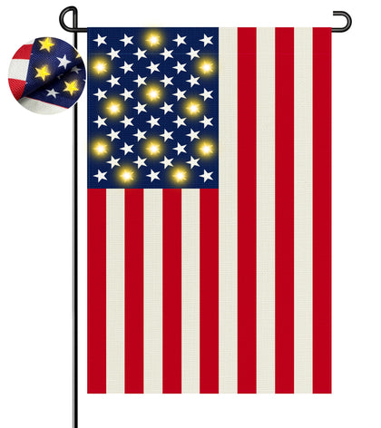 WORGATE lighted garden flag closeup pattern shows a bold patriotic motif for day and night