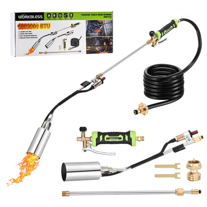 WorkBless propane torch weed burner assembly demonstrates a powerful flame for fast weed removal
