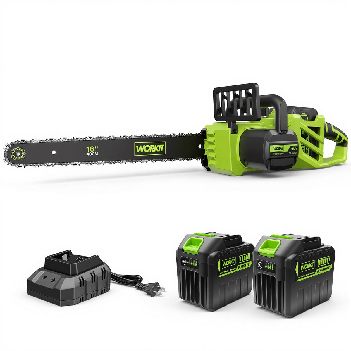 WORKIT 40V brushless chainsaw in use for yard trimming with smooth cuts