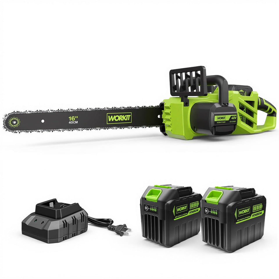 WORKIT 40V brushless chainsaw in use for yard trimming with smooth cuts