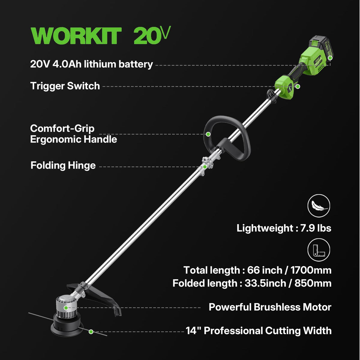 WORKIT cordless weed eater ideal for yard, garden, and fence edges